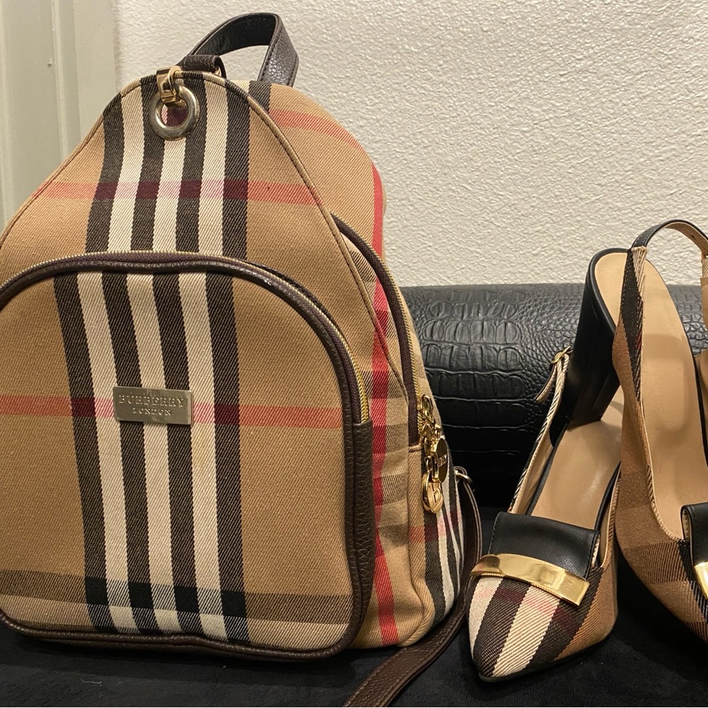 (2PC) Plaid Slingback Heels w/Gold Accent,Red Bottom & previous Loved plaid bag